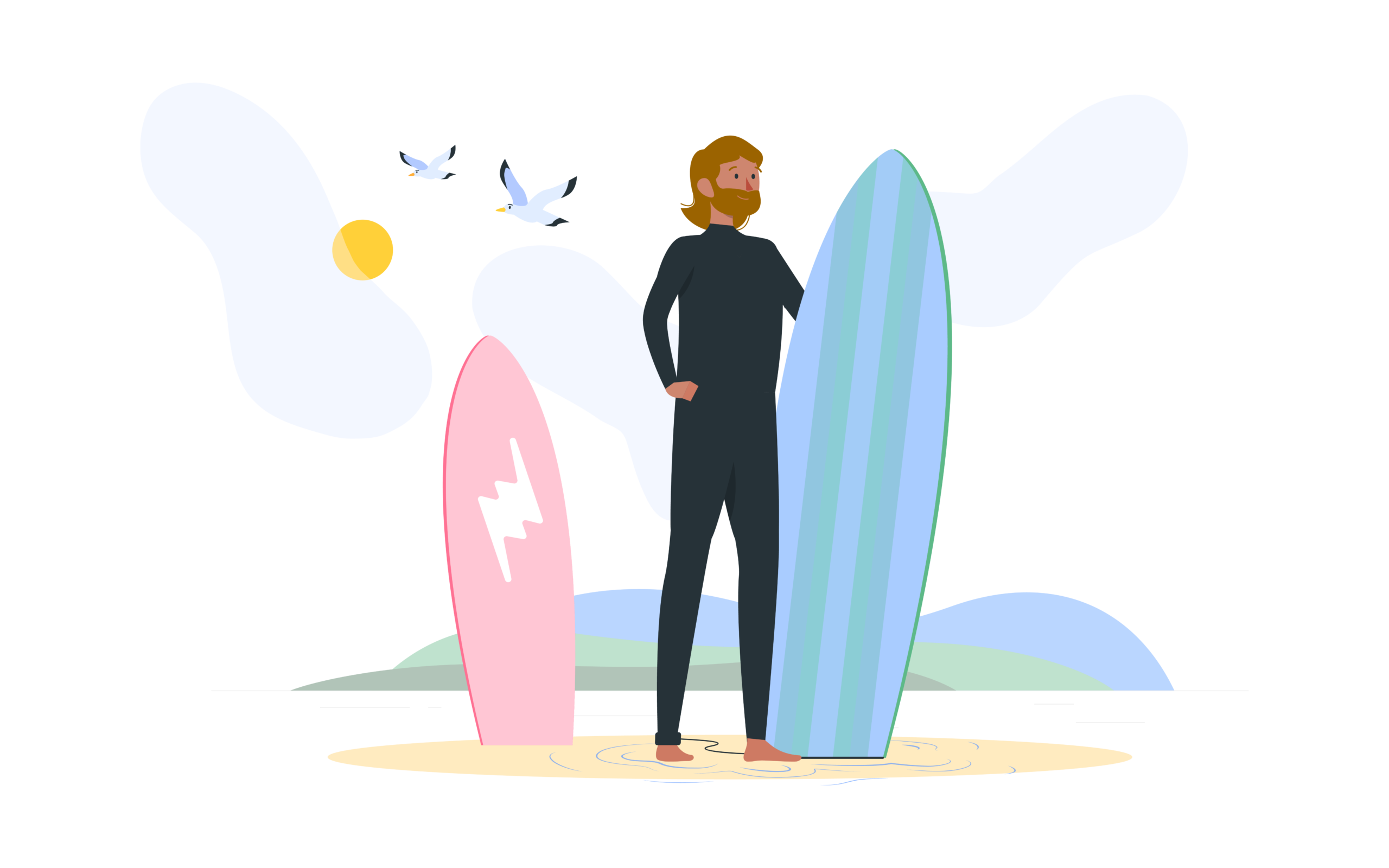 Illustration d'un surfeur sur la plage avec 2 planches de surf